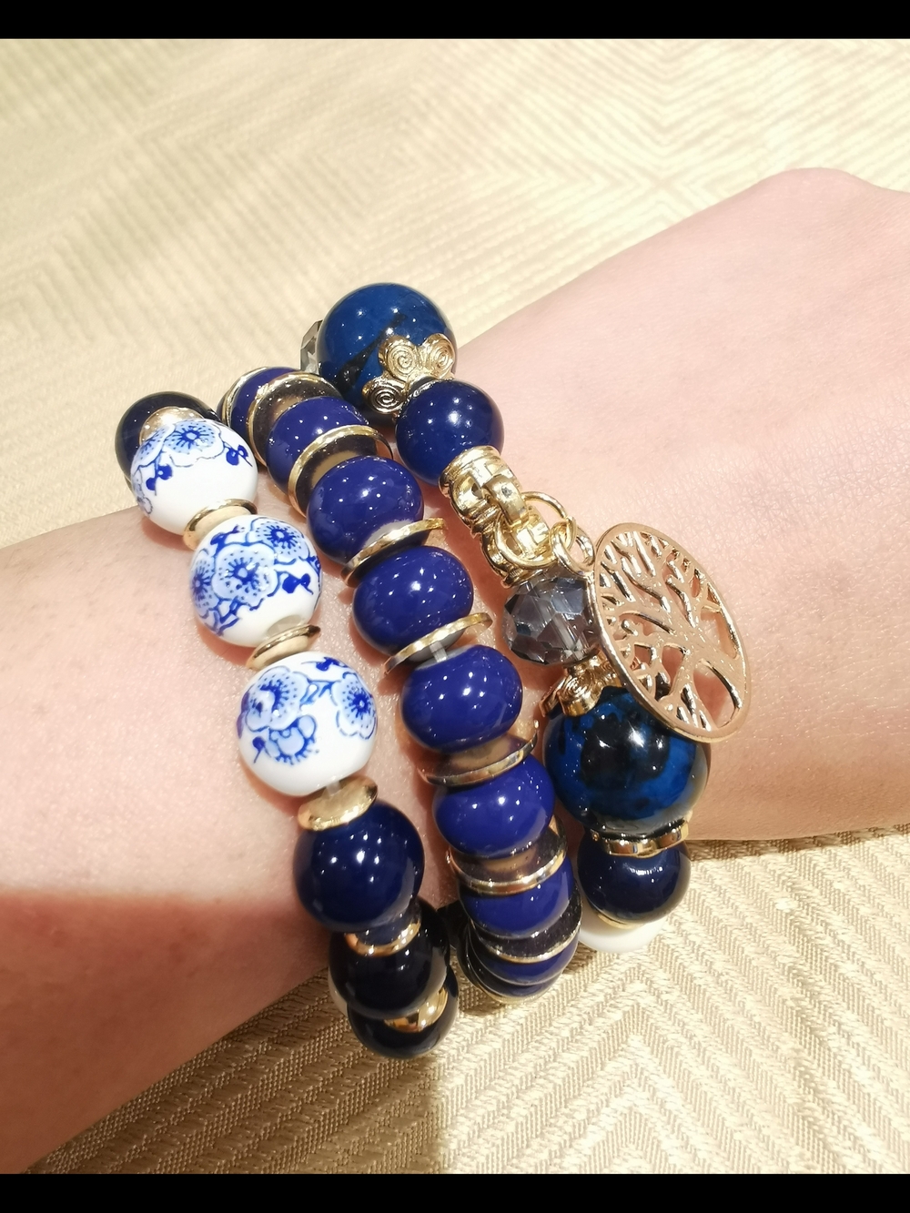 Blue and White Glass Beaded Charm Bracelet Set